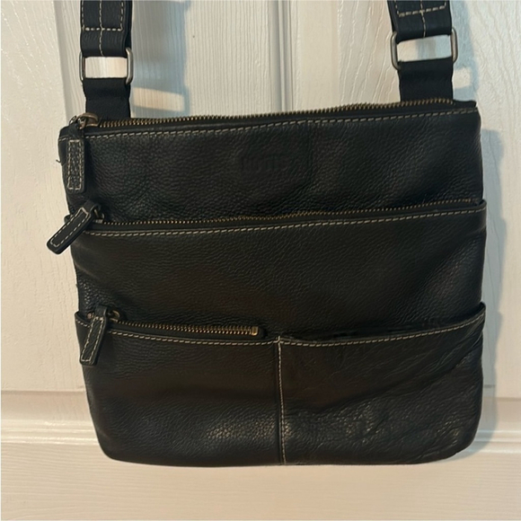 Roots Handbags - ROOTS black pebbled leather & canvas crossbody bag purse multiple pockets lined
